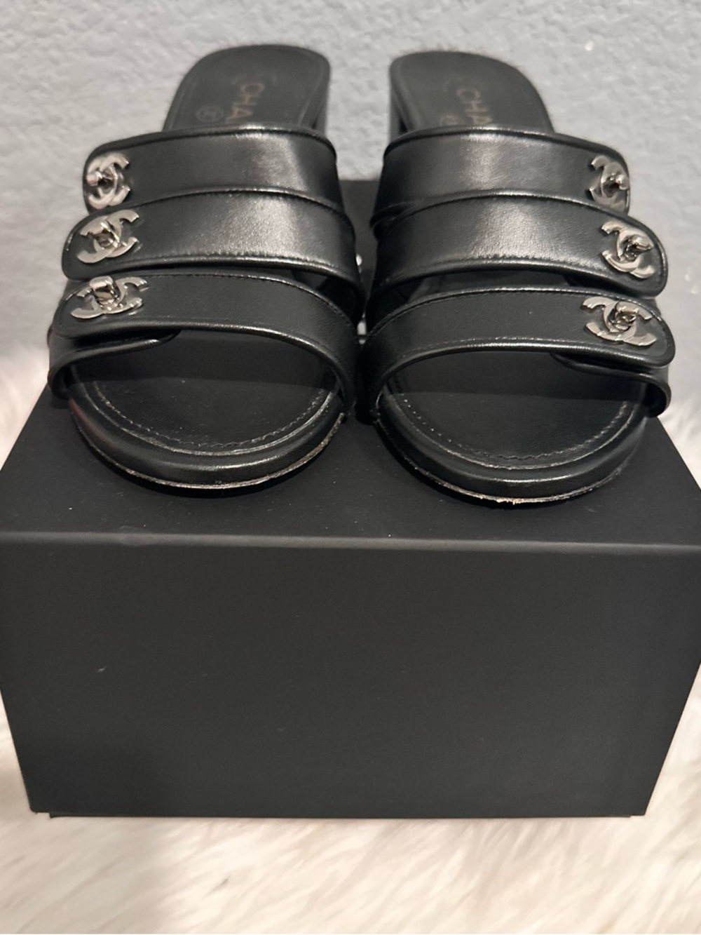 CHANEL Black Leather Triple-Strip Slide Sandals with Silver CC Hardware